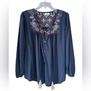 Tasha Polizzi Black Floral Embroidered Peasant Top with Tassel Ties Size Small